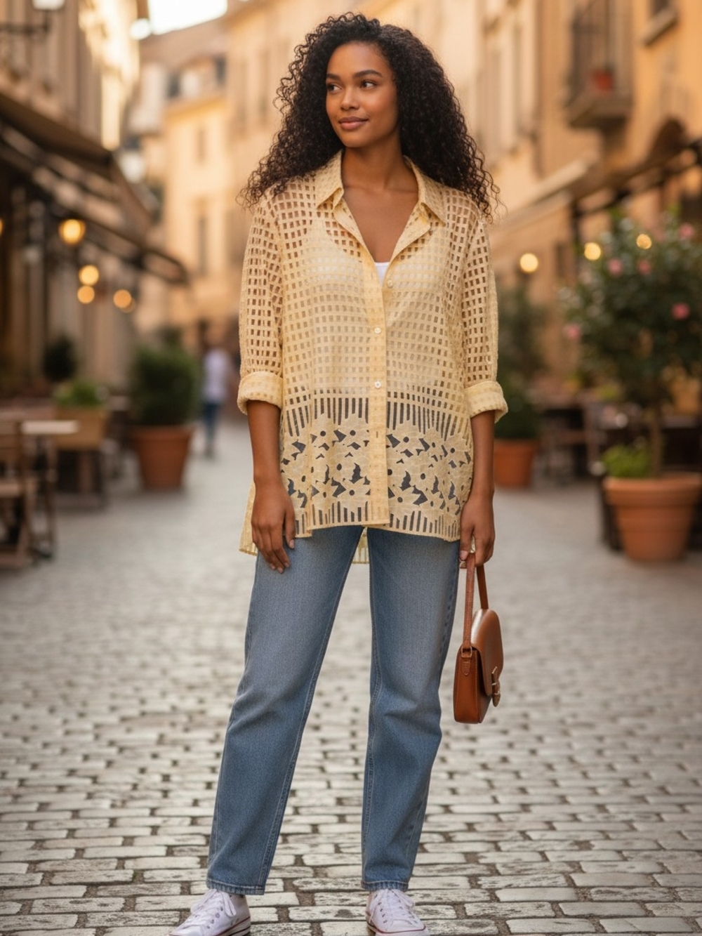 Alfred Dunner Butter Yellow Sheer Check Button-front Blouse